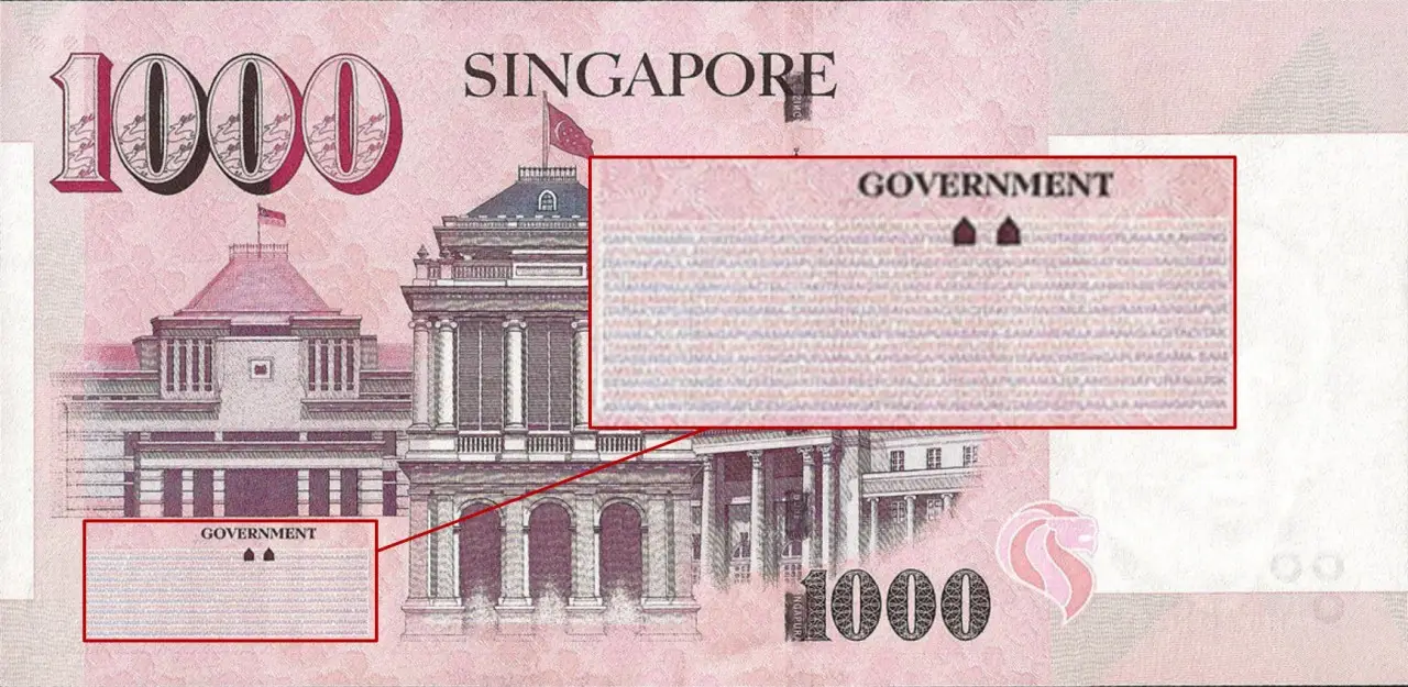 Mặt sau của tờ tiền 1000SGD có in lời của bài quốc ca Singapore